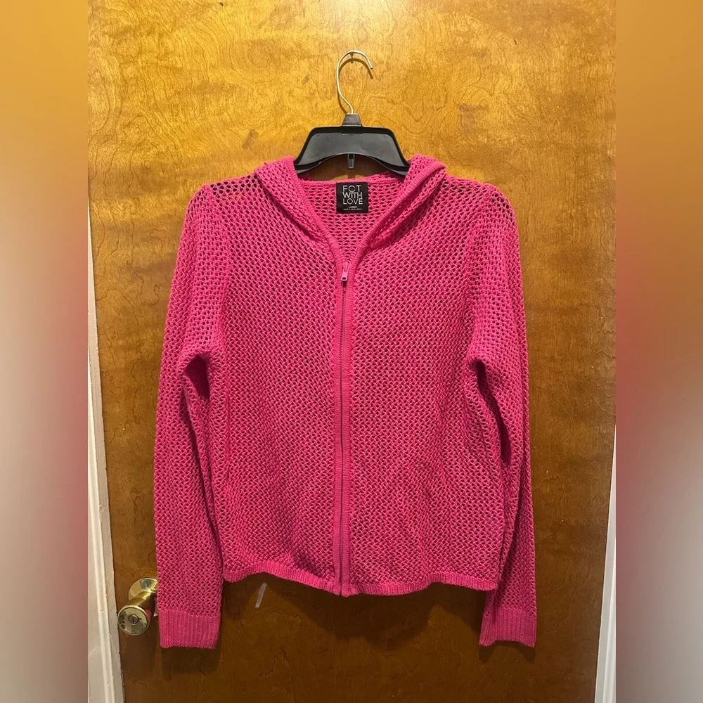 FCT with love pink zip up hooded cropped jacket sweater knit style pink size L - Picture 1 of 3